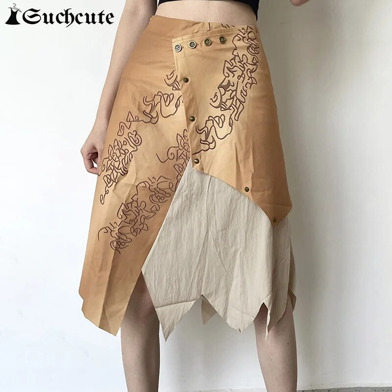SUCHCUTE One Piece 90-ųjų Vintažiniai gėlių raštai Midi ilgas sijonas moterims aukštu juosmeniu Y2K Grunge Harajuku šventiniai sijonai