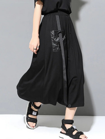 Dámska módna sukňa EAM s vysokým elastickým pásom, čiernymi obväzovými vreckami a patchworkovým pásom, do polovice, jar/jeseň 2024, 1DF4761