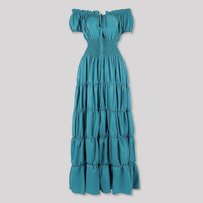 Elegáns, középkori ír női ruha jelmez, vállra húzva, smocked derék, redőzött retro ruha, cosplay ruha alatt