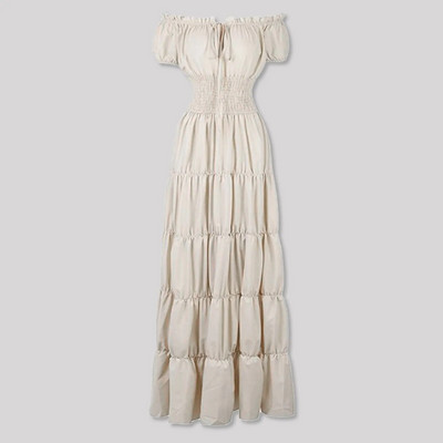 Elegáns, középkori ír női ruha jelmez, vállra húzva, smocked derék, redőzött retro ruha, cosplay ruha alatt