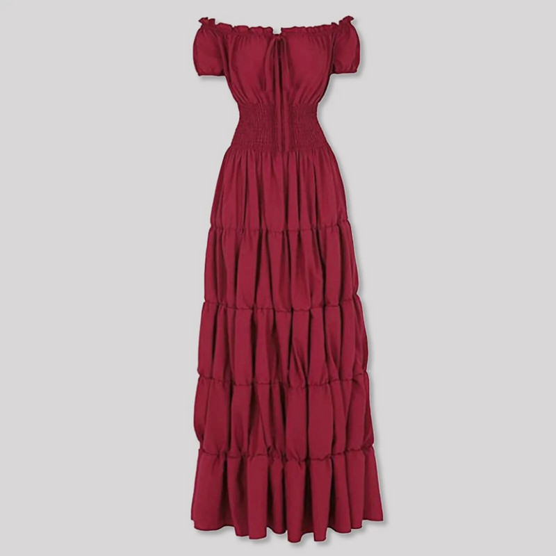 Elegáns, középkori ír női ruha jelmez, vállra húzva, smocked derék, redőzött retro ruha, cosplay ruha alatt