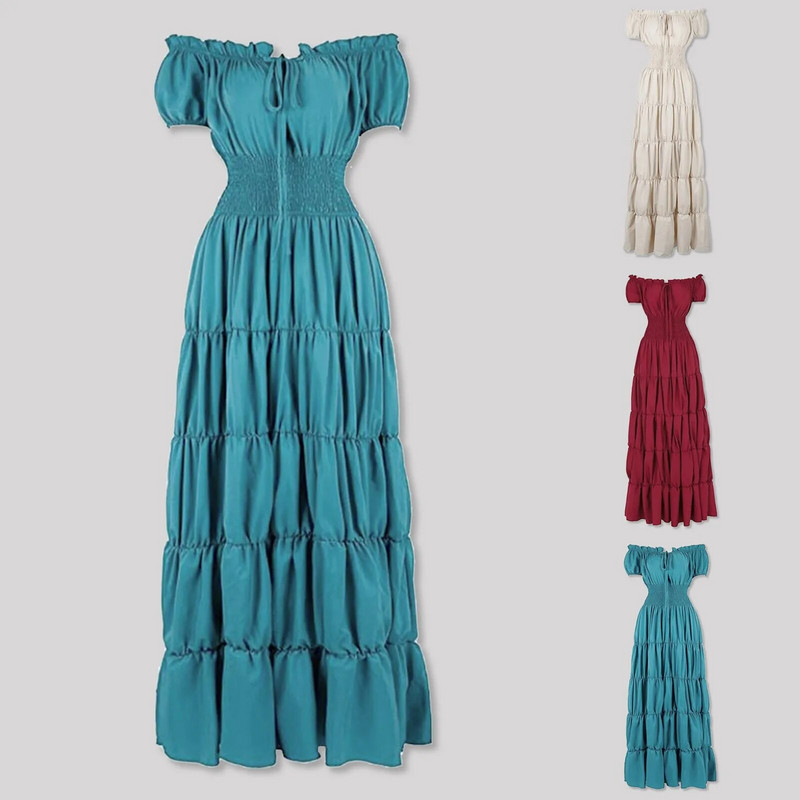 Elegáns, középkori ír női ruha jelmez, vállra húzva, smocked derék, redőzött retro ruha, cosplay ruha alatt