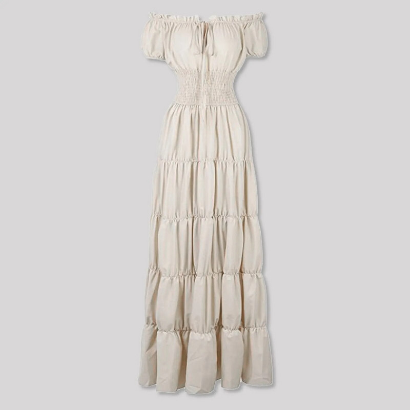 Elegáns, középkori ír női ruha jelmez, vállra húzva, smocked derék, redőzött retro ruha, cosplay ruha alatt