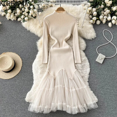 Korejpaa Rochii din plasă mozaic pentru femei, modă coreeană, rochie lungă subțire, elegantă, toamnă iarnă, rochie simplă de pulover cu fundul solid