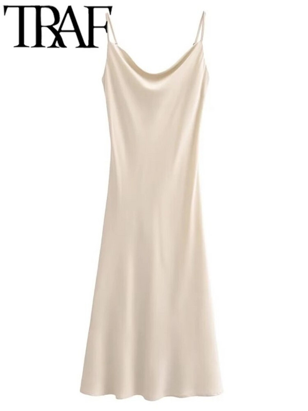 TRAF GAL 2024 nyári luxus női szatén sling ruha vékony köntös, ujjatlan, hát nélküli lengőgallérral női midi hosszú ruha Y2K