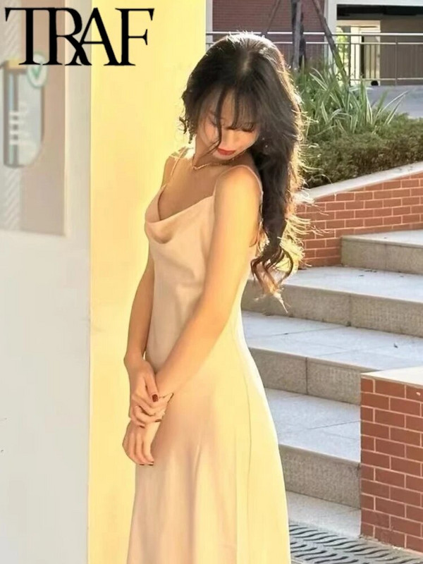 TRAF GAL 2024 nyári luxus női szatén sling ruha vékony köntös, ujjatlan, hát nélküli lengőgallérral női midi hosszú ruha Y2K