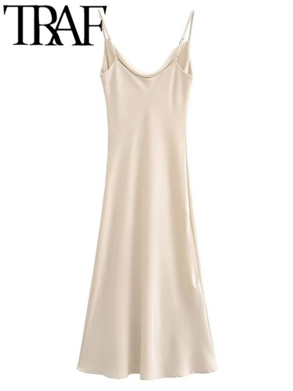 TRAF GAL 2024 nyári luxus női szatén sling ruha vékony köntös, ujjatlan, hát nélküli lengőgallérral női midi hosszú ruha Y2K