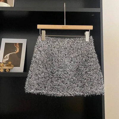 Seksi mini suknje Bling visokog struka svijetle svilene suknje A-kroja protiv pražnjenja Ženske jednobojne suknje u korejskom stilu Jesenska isporuka