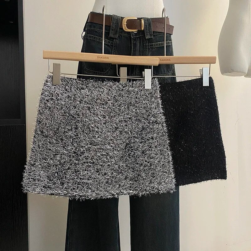 Seksi mini suknje Bling visokog struka svijetle svilene suknje A-kroja protiv pražnjenja Ženske jednobojne suknje u korejskom stilu Jesenska isporuka