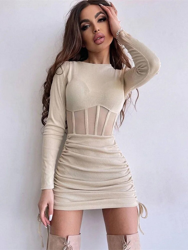 Dámske jesenné mini šaty s dlhým rukávom a výstrihom do V, vintage jednofarebné šaty s výstrihom do V, ležérne štíhle dámske šaty