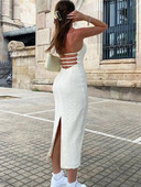 TARUXY seksi haljina bez leđa za žene, duboki V izrez, bez rukava, sarafan na vezanje, ženske ženske ulične haljine s prorezima i povezima