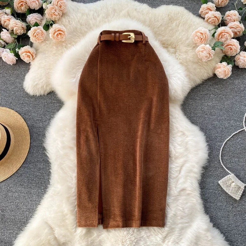 Ženska korejska podijeljena seksi duga suknja 2023. Zima od samta, tanka debela ulična modna vintage jesenska suknja uz kroj