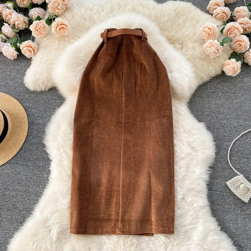 Ženska korejska podijeljena seksi duga suknja 2023. Zima od samta, tanka debela ulična modna vintage jesenska suknja uz kroj