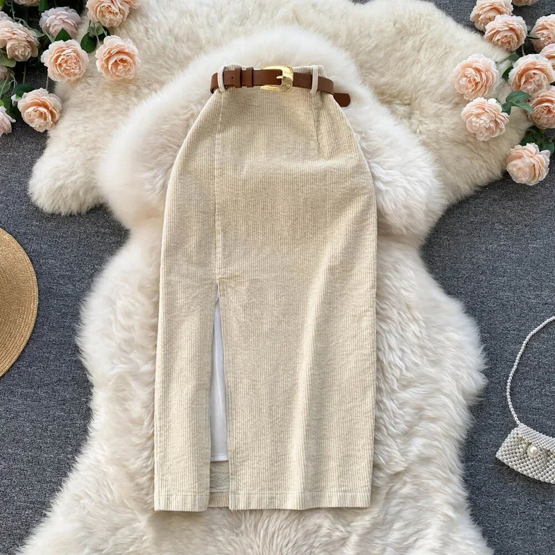 Ženska korejska podijeljena seksi duga suknja 2023. Zima od samta, tanka debela ulična modna vintage jesenska suknja uz kroj