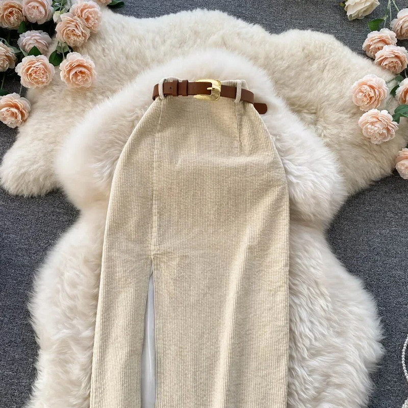 Ženska korejska podijeljena seksi duga suknja 2023. Zima od samta, tanka debela ulična modna vintage jesenska suknja uz kroj