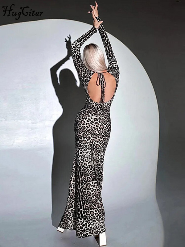 Hugcitar Leopard print dugih rukava bez leđa Čipkanje Seksi tanka maksi haljina Zimska Nova ženska modna odjeća Rođendanska zabava Blagdanska