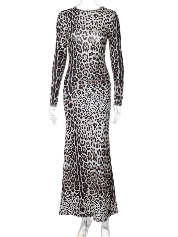 Hugcitar Leopard print dugih rukava bez leđa Čipkanje Seksi tanka maksi haljina Zimska Nova ženska modna odjeća Rođendanska zabava Blagdanska