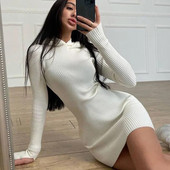 WJFZQM Jesen Zima Ženska pletena haljina Modna elastična uska haljina s kapuljačom, bjelja, ležerna, pletena, elegantna džemper haljina 2021.