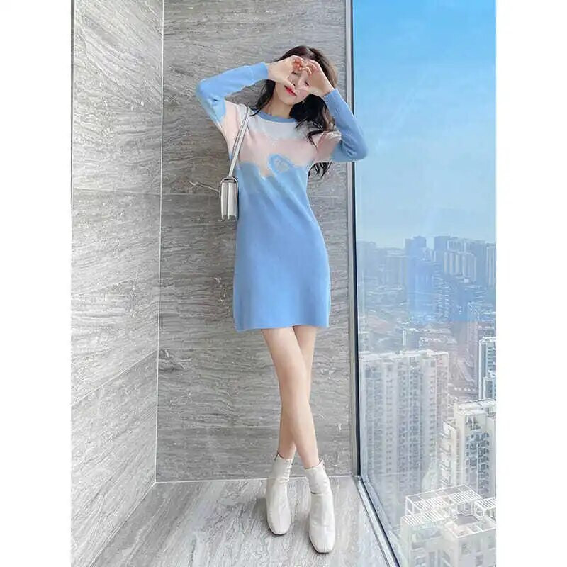 Rochie pulover de toamnă iarnă pentru femei pulovere lungi tricotate cu mâneci pulovere de modă coreeană pentru femei Midi U1457