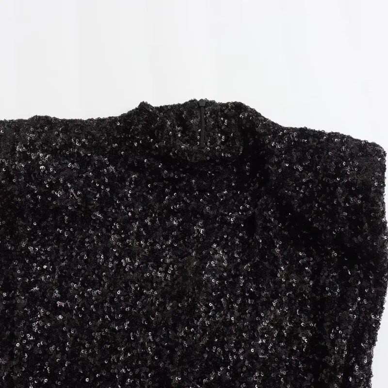 Elegantna ženska mini haljina sa šljokicama i jastučićima za ramena Seksi crne haljine bez rukava s O izrezom Emale Evening Party Club Slim Vestidos