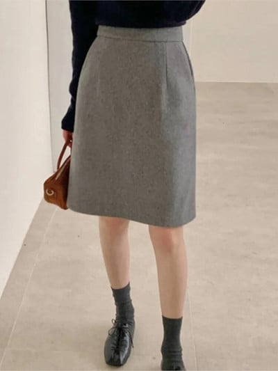 Vilnonis rudens žieminis midi sijonas moterims Bodycon Fashion A linijos aukšto juosmens moteriški sijonai biuro korėjietiško stiliaus moteriškas sijonas 2023 m.