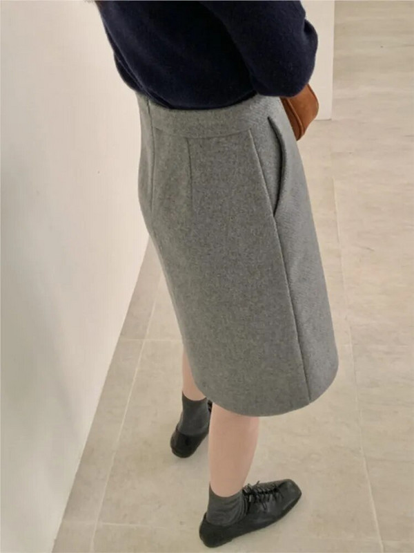 Vilnonis rudens žieminis midi sijonas moterims Bodycon Fashion A linijos aukšto juosmens moteriški sijonai biuro korėjietiško stiliaus moteriškas sijonas 2023 m.