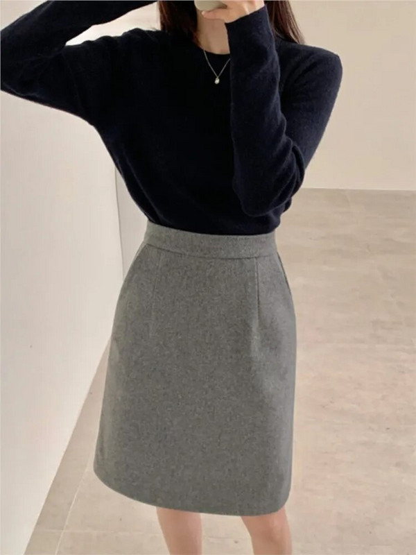 Vilnonis rudens žieminis midi sijonas moterims Bodycon Fashion A linijos aukšto juosmens moteriški sijonai biuro korėjietiško stiliaus moteriškas sijonas 2023 m.