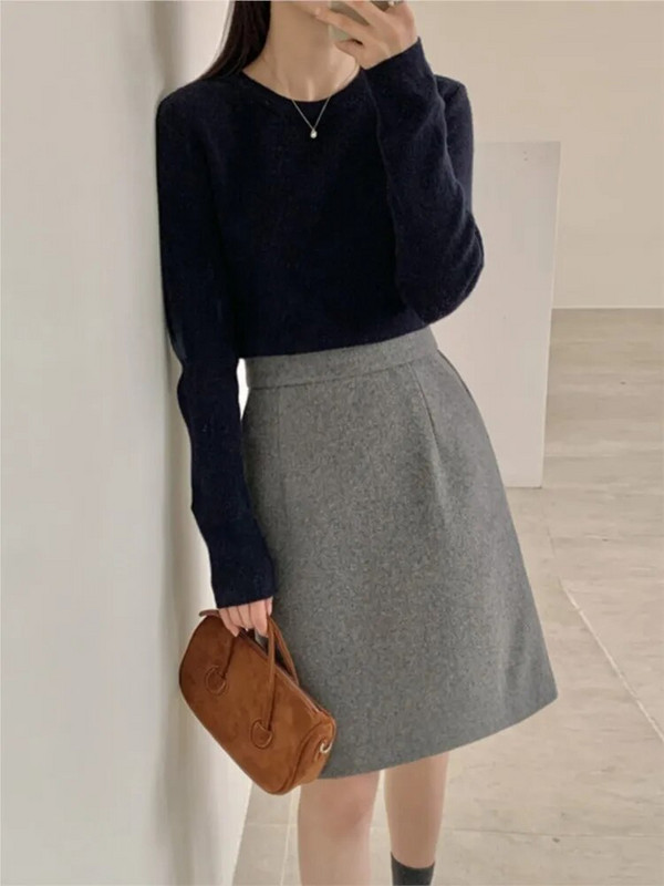 Vilnonis rudens žieminis midi sijonas moterims Bodycon Fashion A linijos aukšto juosmens moteriški sijonai biuro korėjietiško stiliaus moteriškas sijonas 2023 m.