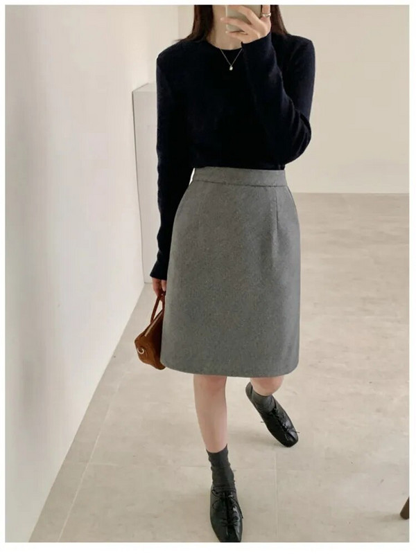 Vilnonis rudens žieminis midi sijonas moterims Bodycon Fashion A linijos aukšto juosmens moteriški sijonai biuro korėjietiško stiliaus moteriškas sijonas 2023 m.