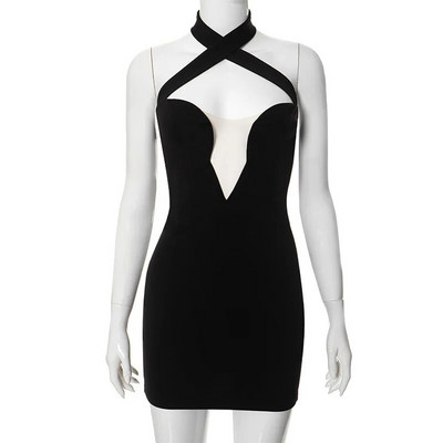 Ženska seksi mrežasta patchwork uska mini haljina bez naramenica Proljeće 2024. Elegantne klupske ulične haljine bez rukava s halterima na križu