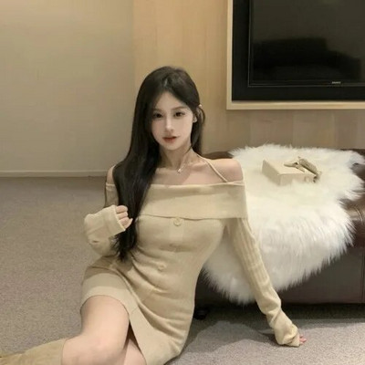 Puhas seksikas kuum tüdrukukleit naiste sügis/talvine õlgadeta, õhuke päitsetega kaelus, kootud mähisega puusakleit Moodsad naiste riided