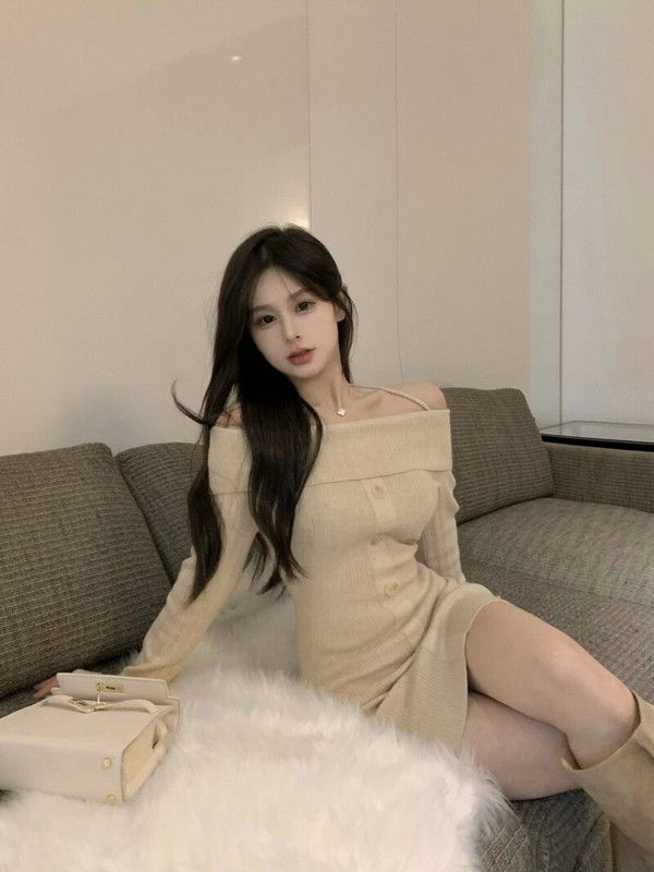 Puhas seksikas kuum tüdrukukleit naiste sügis/talvine õlgadeta, õhuke päitsetega kaelus, kootud mähisega puusakleit Moodsad naiste riided