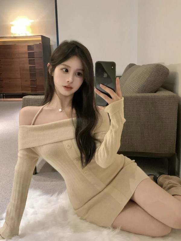 Puhas seksikas kuum tüdrukukleit naiste sügis/talvine õlgadeta, õhuke päitsetega kaelus, kootud mähisega puusakleit Moodsad naiste riided