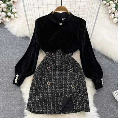 Nomikuma haljine za žene 2022. Jesen Zima Lantern Rukavi Stand Deck Karirani Chic Vestido Feminino Vintage Fashion Robe Femme