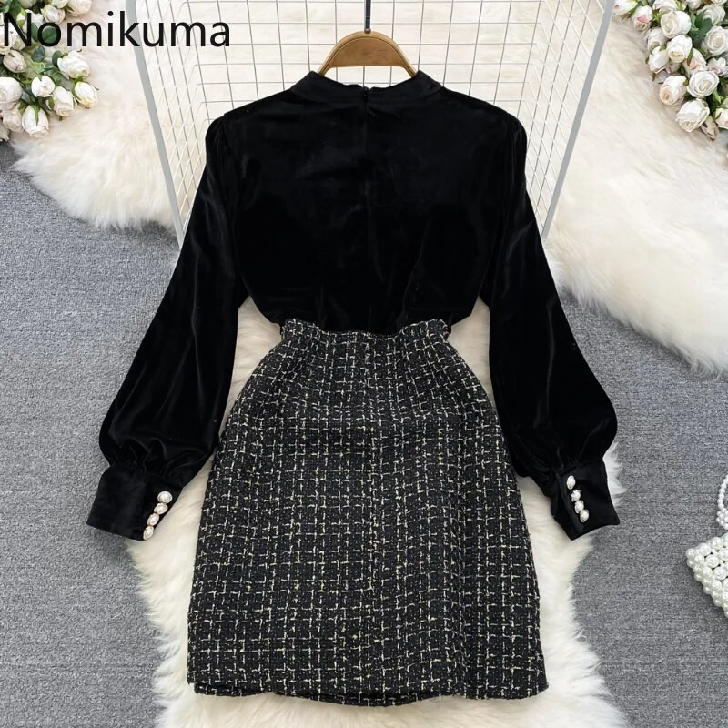 Nomikuma haljine za žene 2022. Jesen Zima Lantern Rukavi Stand Deck Karirani Chic Vestido Feminino Vintage Fashion Robe Femme