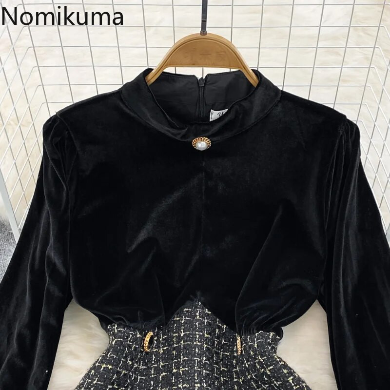 Nomikuma haljine za žene 2022. Jesen Zima Lantern Rukavi Stand Deck Karirani Chic Vestido Feminino Vintage Fashion Robe Femme