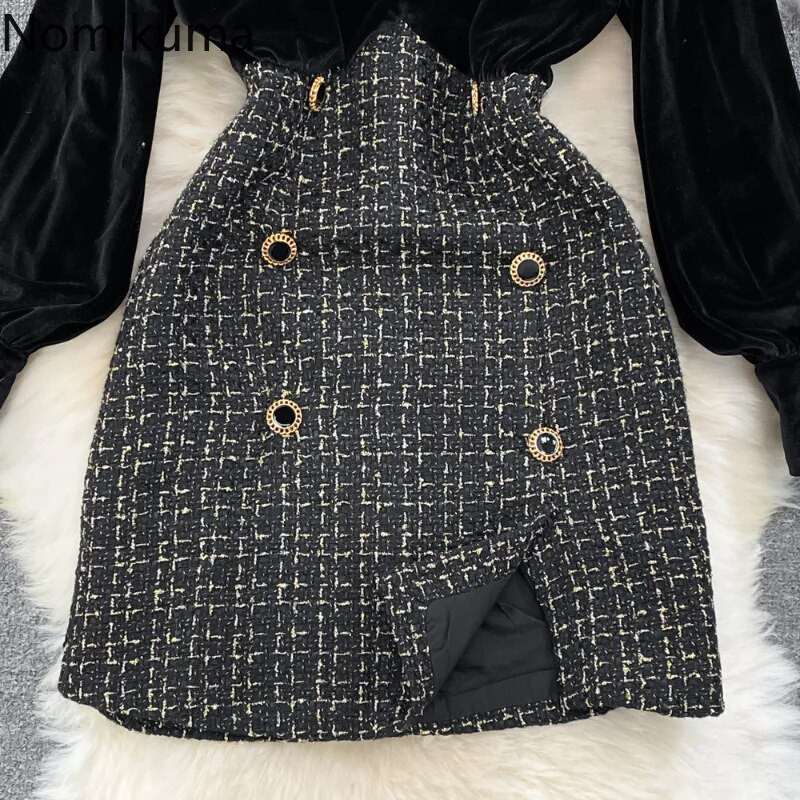 Nomikuma haljine za žene 2022. Jesen Zima Lantern Rukavi Stand Deck Karirani Chic Vestido Feminino Vintage Fashion Robe Femme