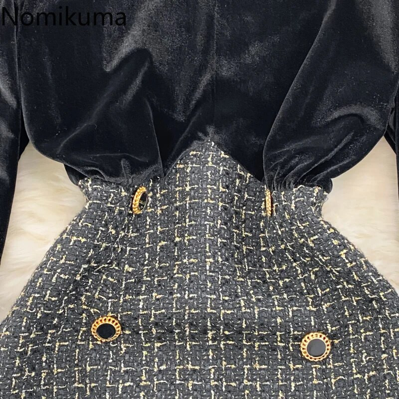 Nomikuma haljine za žene 2022. Jesen Zima Lantern Rukavi Stand Deck Karirani Chic Vestido Feminino Vintage Fashion Robe Femme