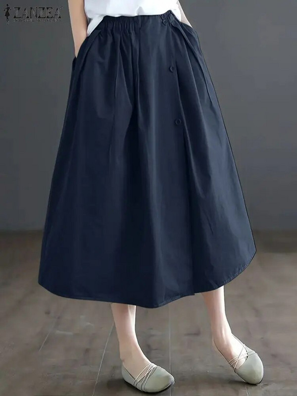 ZANZEA 2024, umbrelă de vară, fuste Midi pentru femei, fustă lungă, la modă, talie elastică, plisată, ocazional, cu nasturi libere, falde de vacanță