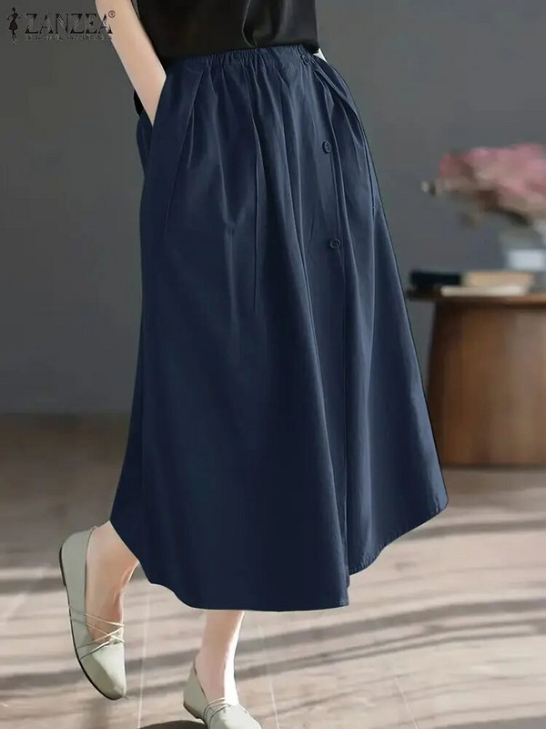 ZANZEA 2024, umbrelă de vară, fuste Midi pentru femei, fustă lungă, la modă, talie elastică, plisată, ocazional, cu nasturi libere, falde de vacanță