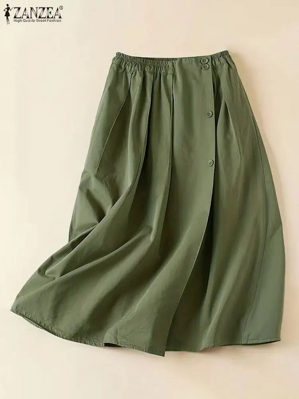 ZANZEA 2024, umbrelă de vară, fuste Midi pentru femei, fustă lungă, la modă, talie elastică, plisată, ocazional, cu nasturi libere, falde de vacanță