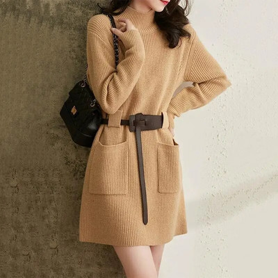 Őszi téli félmagas gallérral egyszínű laza alkalmi öves ruha női elegáns divat kötés derék Vestidos női köntös