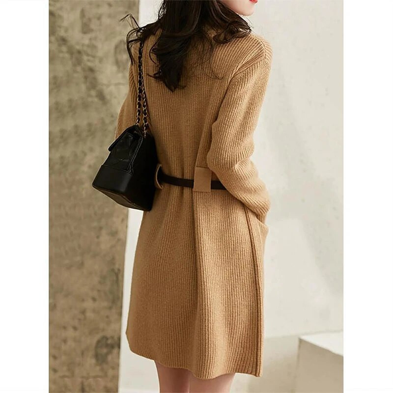 Őszi téli félmagas gallérral egyszínű laza alkalmi öves ruha női elegáns divat kötés derék Vestidos női köntös