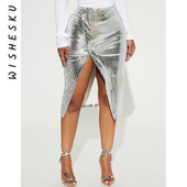 Ρούχα γενεθλίων για άνοιξη φθινόπωρο 2023, σέξι μεταλλικό κορμάκι με μίντι γυναικεία φούστα με ψηλή μέση με λεπτή εφαρμογή μακριές φούστες