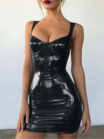 S-3XL Spaghetti Strap Shiny Faux PU Leather Hot Sexy φόρεμα Low Cut Wet Look Φορέματα PVC Καλσόν Πακέτο Hip Minifalda Vestido