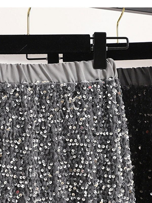 Botvotee Suknja sa šljokicama za žene Elegantna vintage crna siva midi duga suknja Stražnje noćne suknje visokog struka s podijeljenim stranama 2345XL