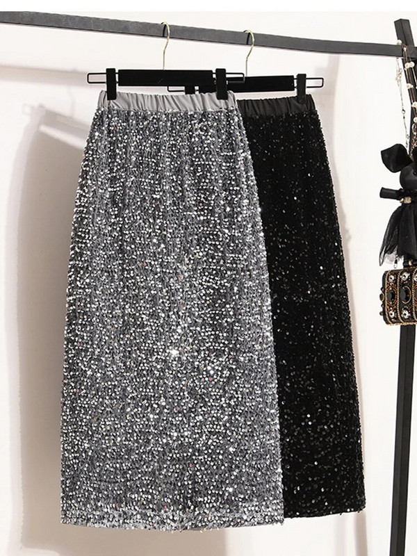 Botvotee Suknja sa šljokicama za žene Elegantna vintage crna siva midi duga suknja Stražnje noćne suknje visokog struka s podijeljenim stranama 2345XL