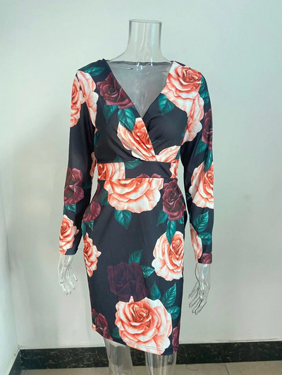 Articat Rudens / Žiemos seksuali moteriška suknelė ilgomis rankovėmis V formos iškirpte, spausdinta suknelė „Tūkstančio paukščio šaškes“ Slim Fit Midi Moteriška laisvalaikio gatvės apranga