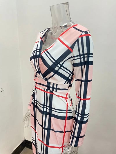 Articat Rudens / Žiemos seksuali moteriška suknelė ilgomis rankovėmis V formos iškirpte, spausdinta suknelė „Tūkstančio paukščio šaškes“ Slim Fit Midi Moteriška laisvalaikio gatvės apranga