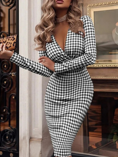 Articat Rudens / Žiemos seksuali moteriška suknelė ilgomis rankovėmis V formos iškirpte, spausdinta suknelė „Tūkstančio paukščio šaškes“ Slim Fit Midi Moteriška laisvalaikio gatvės apranga